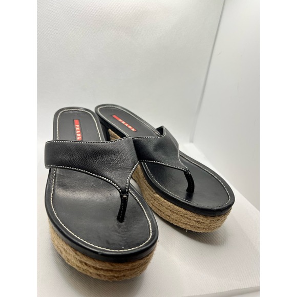 Prada Black Leather Wedge Thong Sandals - Picture 10 of 10